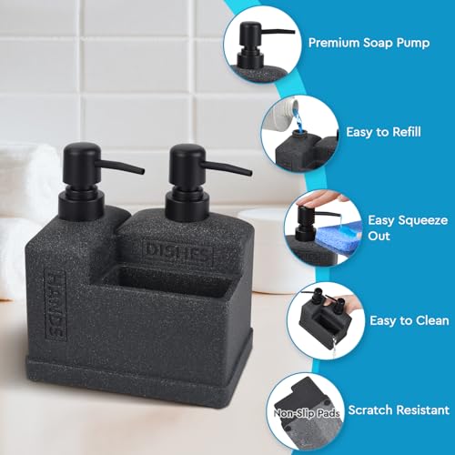 Deobath Kitchen Hand Soap and Dish Soap Dispenser Set,Dual Soap Dispenser with Sponge Holder 3-in-1 Organizer for Kitchen Sink,Bathroom,Useful Kitchen Gadgets - Black - Image 4