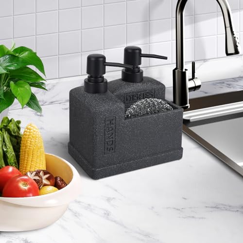 Deobath Kitchen Hand Soap and Dish Soap Dispenser Set,Dual Soap Dispenser with Sponge Holder 3-in-1 Organizer for Kitchen Sink,Bathroom,Useful Kitchen Gadgets - Black - Image 5