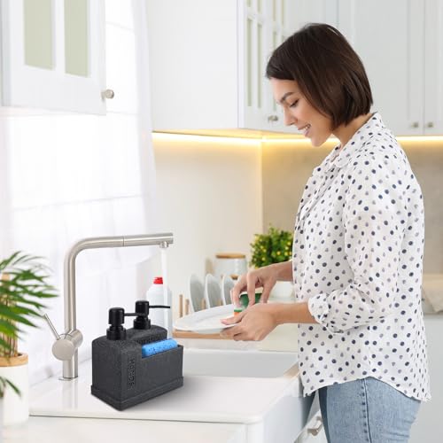Deobath Kitchen Hand Soap and Dish Soap Dispenser Set,Dual Soap Dispenser with Sponge Holder 3-in-1 Organizer for Kitchen Sink,Bathroom,Useful Kitchen Gadgets - Black - Image 3