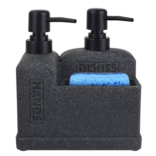 Deobath Kitchen Hand Soap and Dish Soap Dispenser Set,Dual Soap Dispenser with Sponge Holder 3-in-1 Organizer for Kitchen Sink,Bathroom,Useful Kitchen Gadgets - Black - Image 1