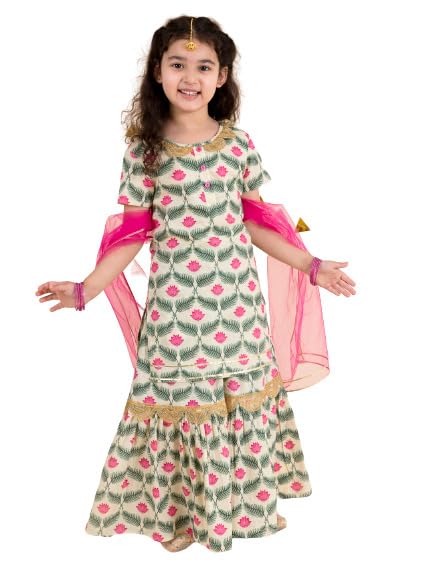 Pspeaches Girls Off White Floral Yoke Design Empire Pure Cotton Kurti With Skirt With Dupatta (White-3-4Y) - Image 4