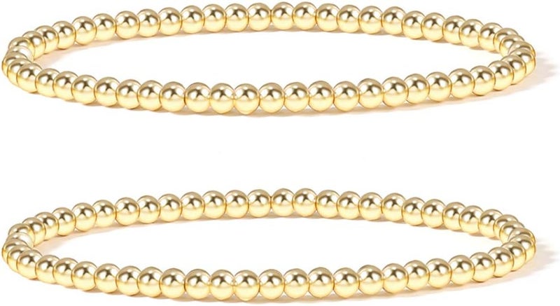 Badu Gold Plate Bead Bracelet for Women 14K Gold Plated Bead Ball Bracelet Stretchable Elastic Hypoallergenic Bohemian Stackable - Image 1