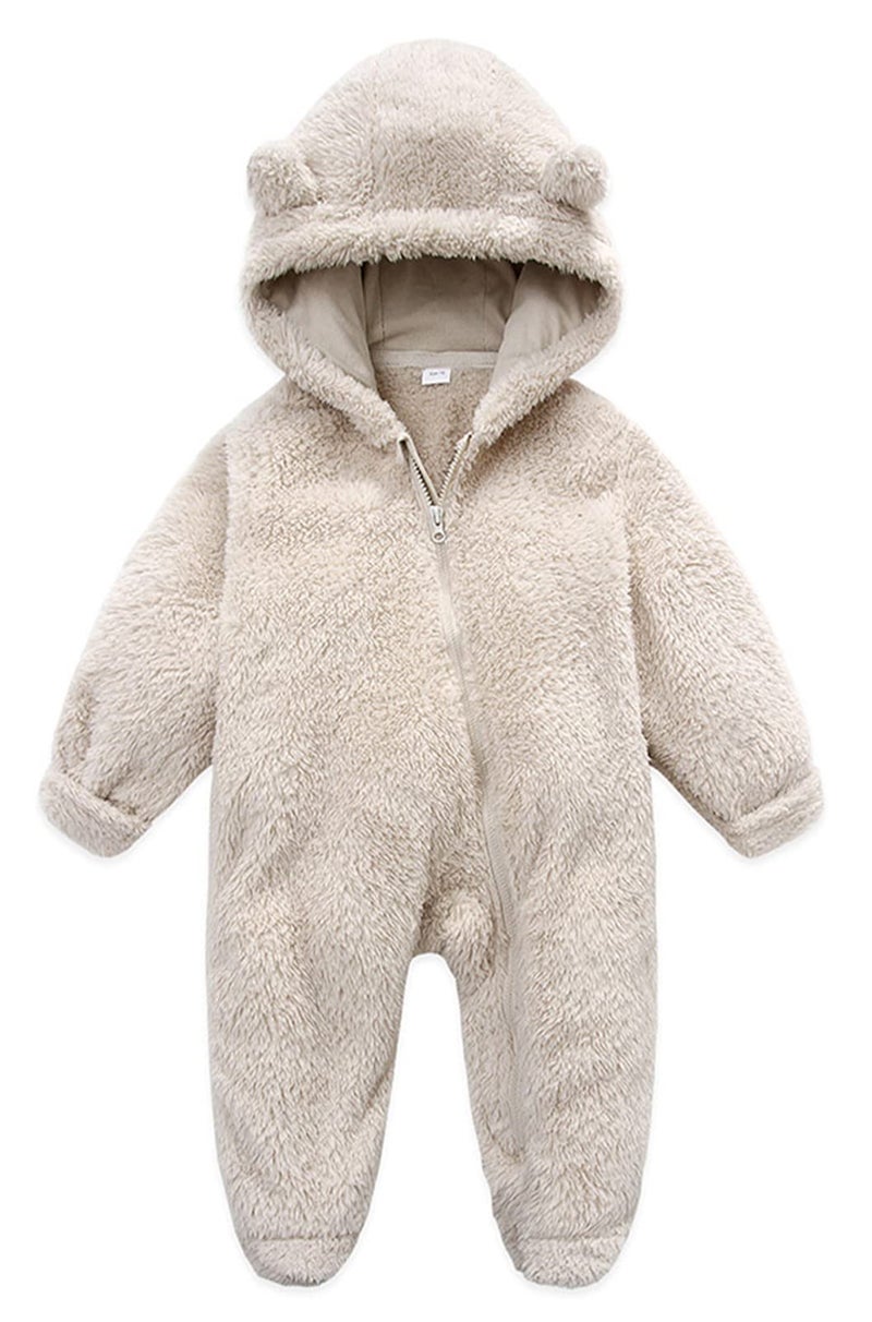 Babymine Unisex Baby Romper Long Sleeve Furry Footed Zipper Jacket Onesie for Fall Winter Snowsuit Bear Ear Hooded Infant Clothing 36 Months Beige 