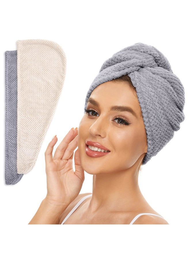 SimpleField 2 Pack Microfiber Hair Towel Wrap for Women, Anti Frizz Quick Drying Hair Turban for All Hair Style, Absorbent and Lightweight (Beige + Grey) - Image 1