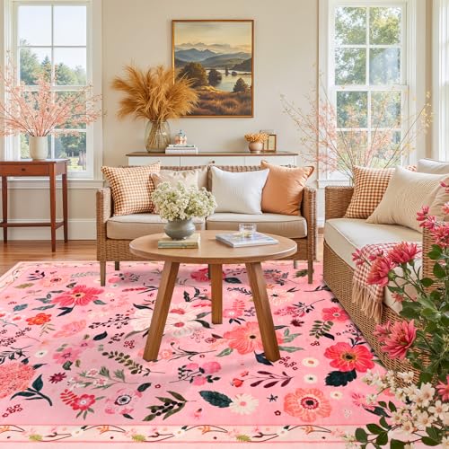 Macgace 5x7 Pink Floral Rug for Living Room, Machine Washable Area Rugs with Non Slip Backingfor Girls Bedroom, Cute Flowers Carpet Kitchen Dining Room Kids Playroom Decor - Image 2