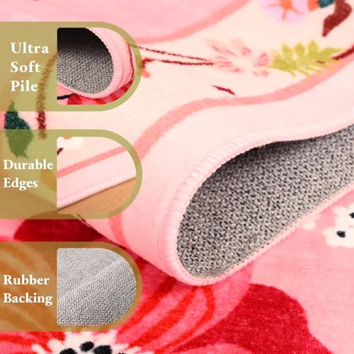 Macgace 5x7 Pink Floral Rug for Living Room, Machine Washable Area Rugs with Non Slip Backingfor Girls Bedroom, Cute Flowers Carpet Kitchen Dining Room Kids Playroom Decor - Image 5