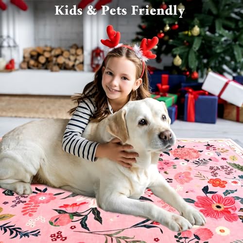 Macgace 5x7 Pink Floral Rug for Living Room, Machine Washable Area Rugs with Non Slip Backingfor Girls Bedroom, Cute Flowers Carpet Kitchen Dining Room Kids Playroom Decor - Image 4