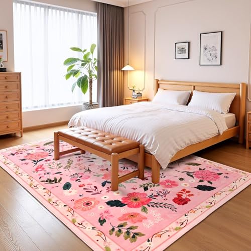 Macgace 5x7 Pink Floral Rug for Living Room, Machine Washable Area Rugs with Non Slip Backingfor Girls Bedroom, Cute Flowers Carpet Kitchen Dining Room Kids Playroom Decor - Image 3