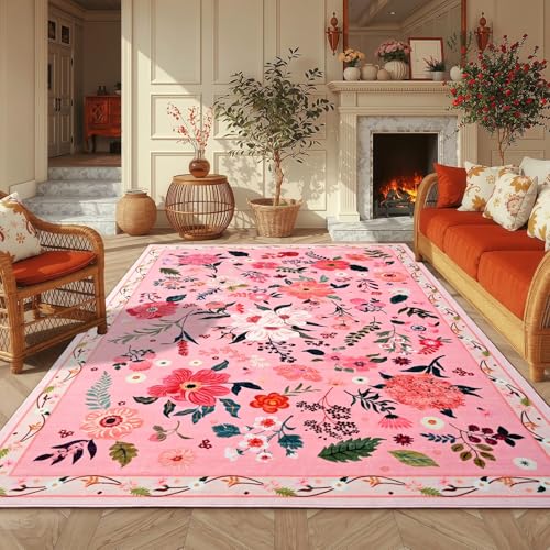 Macgace 5x7 Pink Floral Rug for Living Room, Machine Washable Area Rugs with Non Slip Backingfor Girls Bedroom, Cute Flowers Carpet Kitchen Dining Room Kids Playroom Decor - Image 1