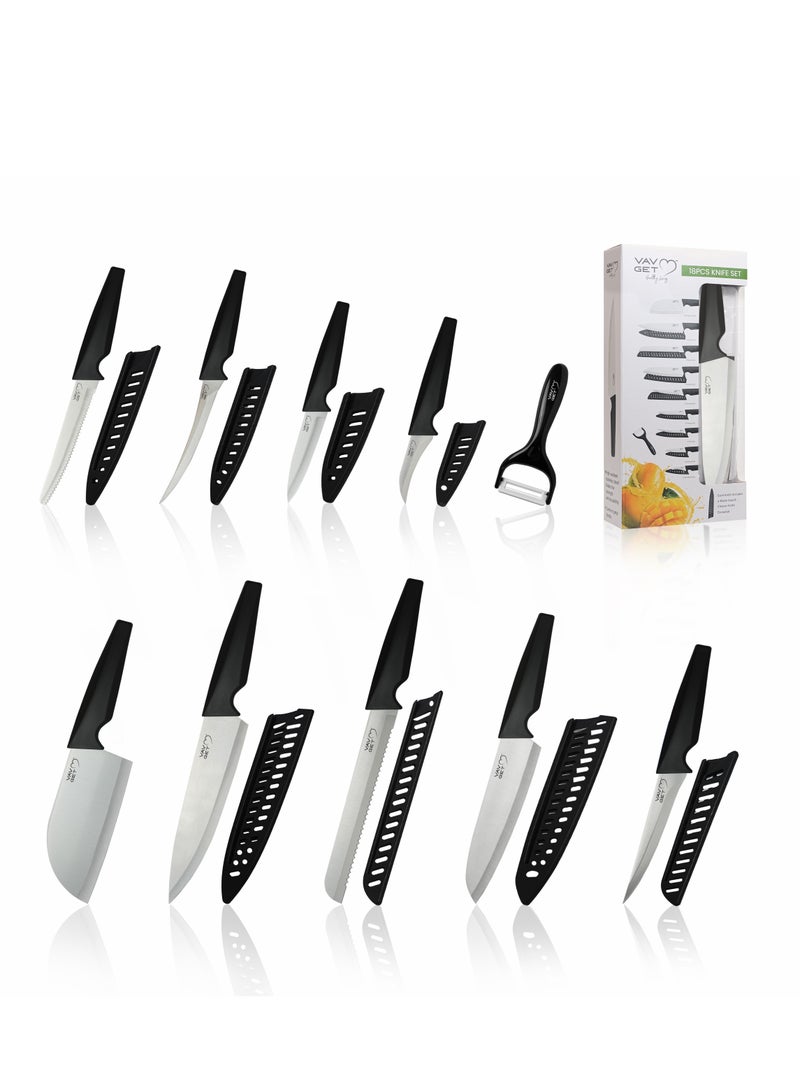 VAV GET Premium 18-Piece Black Stainless Steel Knife Set, Non-Slip Comfort Handles, Sharpened Chef Knives, Fruits & Vegetable Peeler Included, Ideal for Home & Professional Kitchen - Image 1
