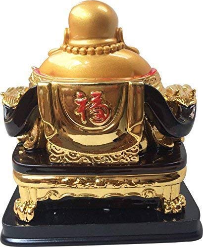 RIPE INDIA Fengshui Fantasy Laughing Buddha Sitting On Chair Ingot And Money Coin For Health Wealth And Happiness (Big Size 13 Cm) Golden - Image 4