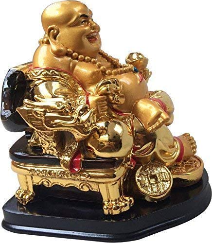 RIPE INDIA Fengshui Fantasy Laughing Buddha Sitting On Chair Ingot And Money Coin For Health Wealth And Happiness (Big Size 13 Cm) Golden - Image 3