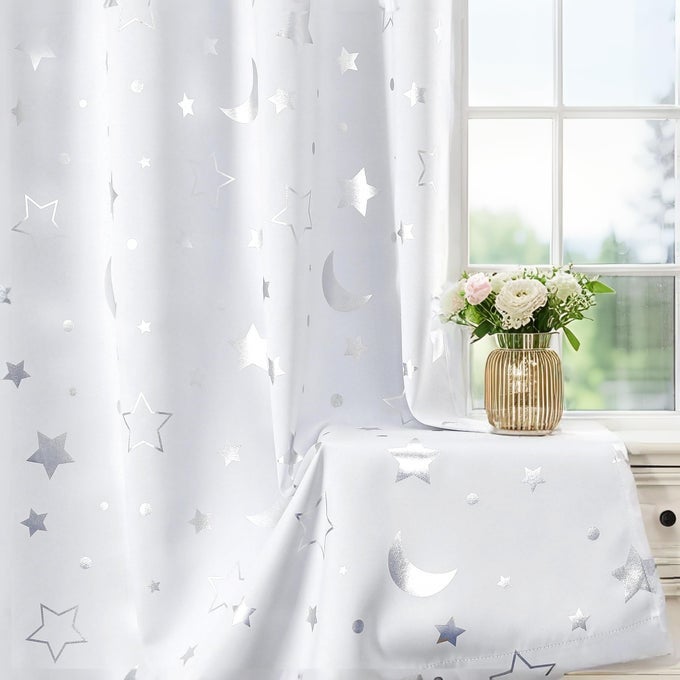 GREY WHITE BLACKOUT STAR CURTAINS FOR KIDS BEDROOM 2 PANEL SETS 72 INCHES LONG GROMMET SPACE DECOR CUTE NUSERY DRAPES ROOM DARKENING THERMAL INSULATED CURTAINS FOR BOYS BABY ROOM