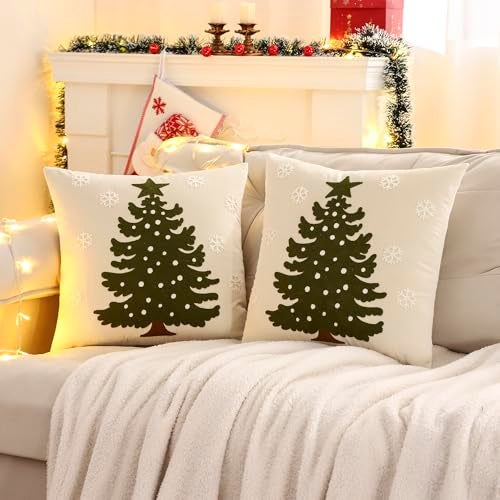 LUOYEHK Christmas Pillow Covers 18x18 Set of 2 Christmas Tree with Snowflakes Decorative Beige Pillow Cases Winter Holiday Velvet Embroidered Cushion Covers for Couch Sofa Bed - Image 2
