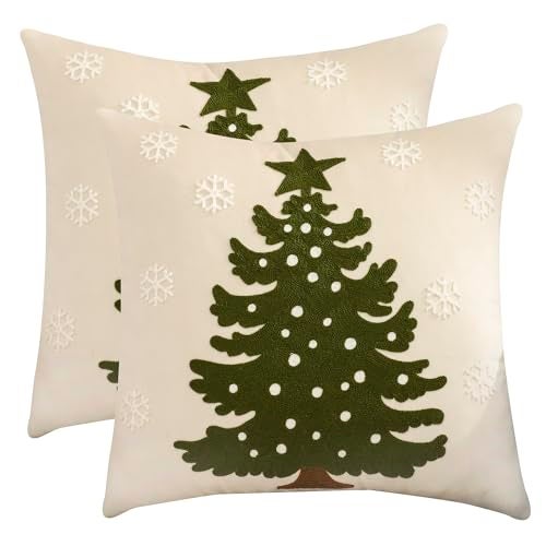 LUOYEHK Christmas Pillow Covers 18x18 Set of 2 Christmas Tree with Snowflakes Decorative Beige Pillow Cases Winter Holiday Velvet Embroidered Cushion Covers for Couch Sofa Bed - Image 1