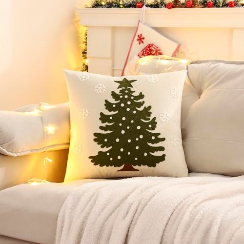 LUOYEHK Christmas Pillow Covers 18x18 Set of 2 Christmas Tree with Snowflakes Decorative Beige Pillow Cases Winter Holiday Velvet Embroidered Cushion Covers for Couch Sofa Bed - Image 4