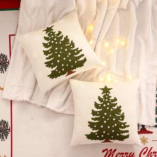 LUOYEHK Christmas Pillow Covers 18x18 Set of 2 Christmas Tree with Snowflakes Decorative Beige Pillow Cases Winter Holiday Velvet Embroidered Cushion Covers for Couch Sofa Bed - Image 3
