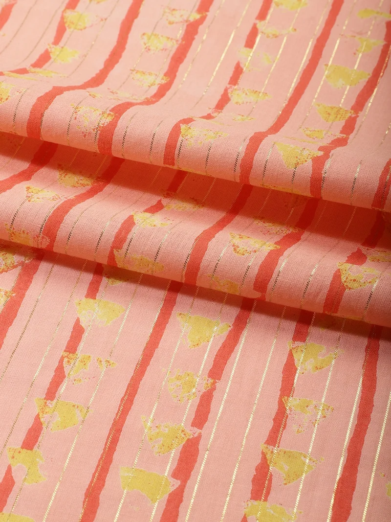 AKS Peach Fabric with Vertical Stripes and Abstract Yellow Prints