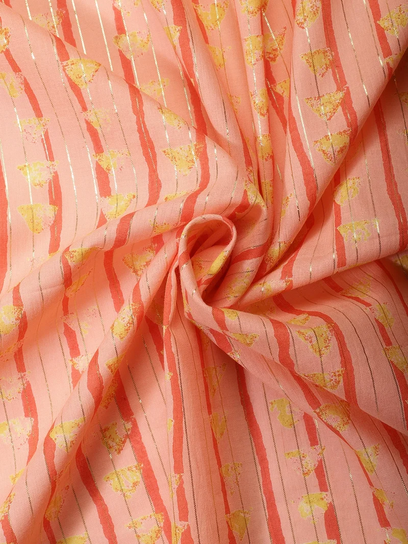 AKS Peach Fabric with Vertical Stripes and Abstract Yellow Prints