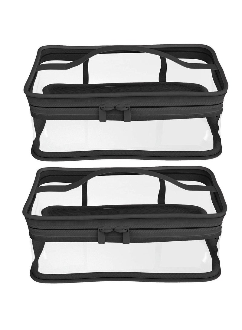 Cosmetic Bag Waterproof Handbag Portable Travel Work Make Up Kit Double Zipper Storage Bag with Handle PVC Black Clear Light Weight and Large Capacity (2 PCS) - Image 1