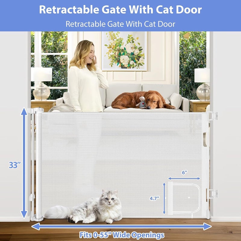 BETERTEK Retractable Baby Gate with Cat Door 55" Wide Retractable Baby Gate for Stairs Mesh Baby Gate with Pet Door Retractable Dog Gate for The House Retractable Pet Gate with Door Safety Gates for Toddlers - Image 2