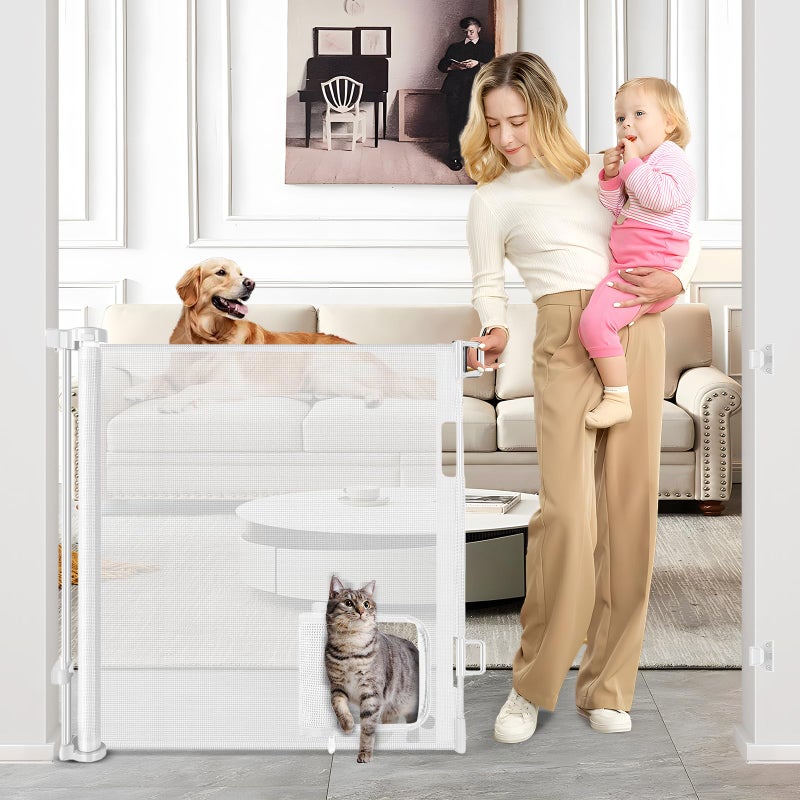 BETERTEK Retractable Baby Gate with Cat Door 55" Wide Retractable Baby Gate for Stairs Mesh Baby Gate with Pet Door Retractable Dog Gate for The House Retractable Pet Gate with Door Safety Gates for Toddlers - Image 1