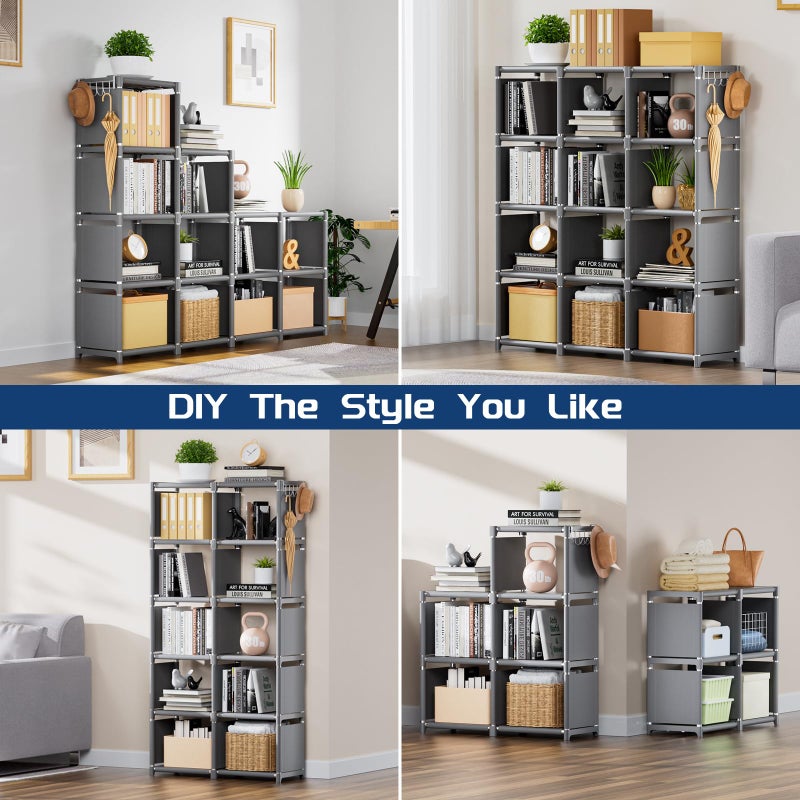 Mavivegue Book Shelf, 12 Cube Storage Organizer, DIY Bookcase, Metal Cube Bookshelf,Tall Book case for Bedroom, Living Room,Office,Closet Storage Organizer, Grey Cubicle Storage Rack - Image 2
