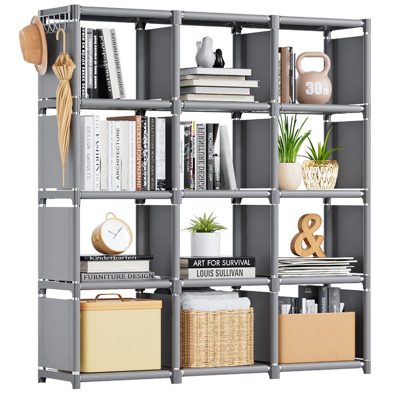 Mavivegue Book Shelf, 12 Cube Storage Organizer, DIY Bookcase, Metal Cube Bookshelf,Tall Book case for Bedroom, Living Room,Office,Closet Storage Organizer, Grey Cubicle Storage Rack - Image 1