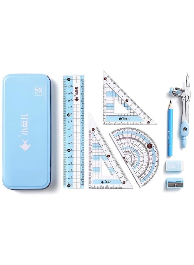 waremew 8 Pcs Compass/Math Set for Students with Shatterproof Storage Box, Geometry Set for School, includes Ruler, Protractor, Compass, Pencil,Pencil sharpener and Eraser,etc. Perfect Gift - Image 1