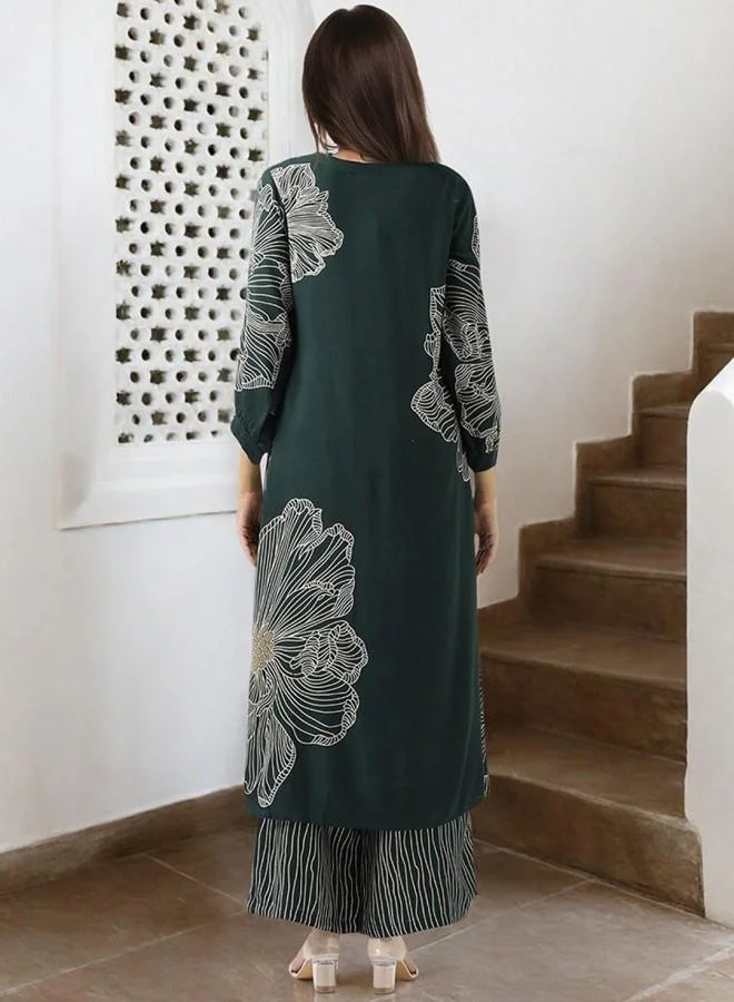 ISHIN Women's Green Rayon Embroidered Tunic Full Length Palazzo Straight Fit Kurta Set