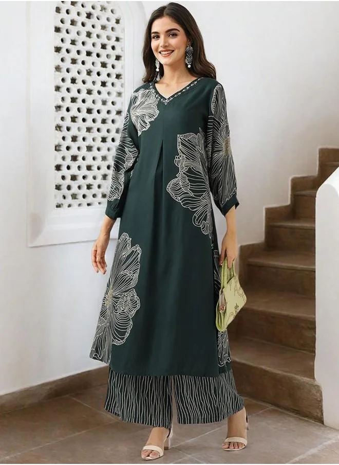 آي شين Mid Rise Women Green Rayon Kurta Set with Embroidered pattern Tunic and Palazzo features a Round neckline and Three-Fourth Sleeve secured with Elastic closure and styled in Straight Fit ideal for Festive moments — perfect for fashion-forward occasions.