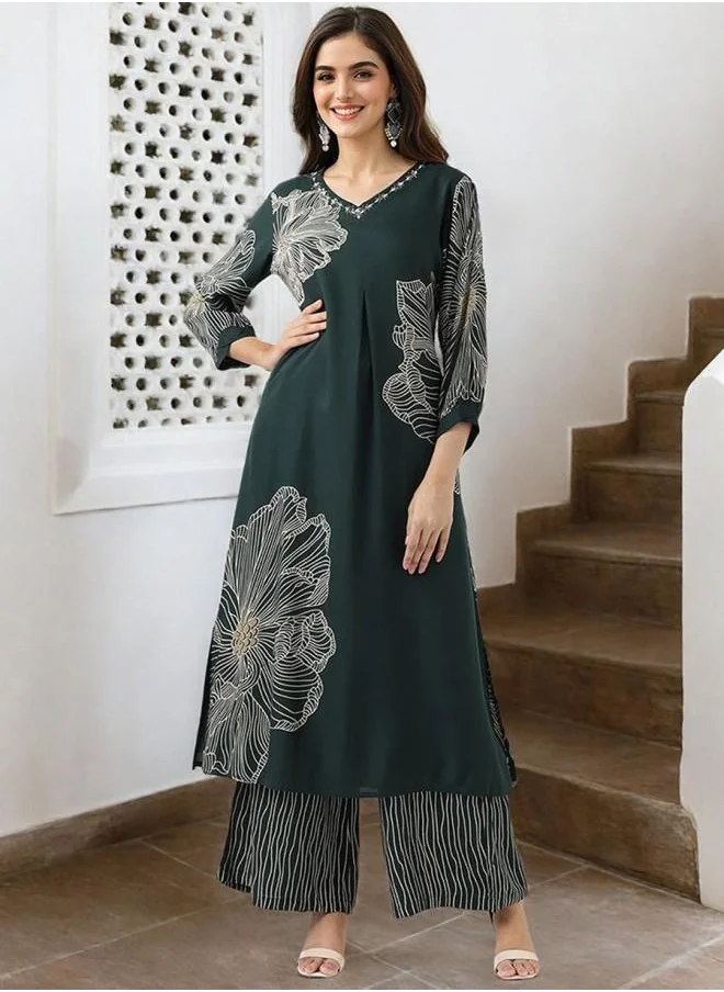 آي شين Mid Rise Women Green Rayon Kurta Set with Embroidered pattern Tunic and Palazzo features a Round neckline and Three-Fourth Sleeve secured with Elastic closure and styled in Straight Fit ideal for Festive moments — perfect for fashion-forward occasions.