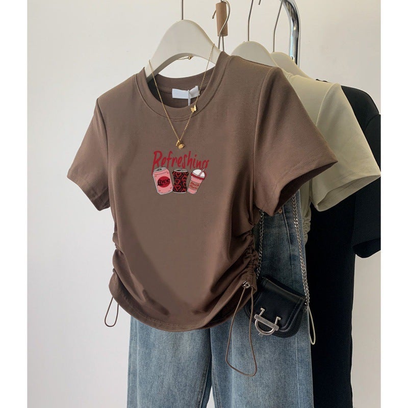 Shoulder Wearing With Drawstring Design Sense Short-Sleeved T-Shirt American-Style Slim-Fit Slim Top - Image 4
