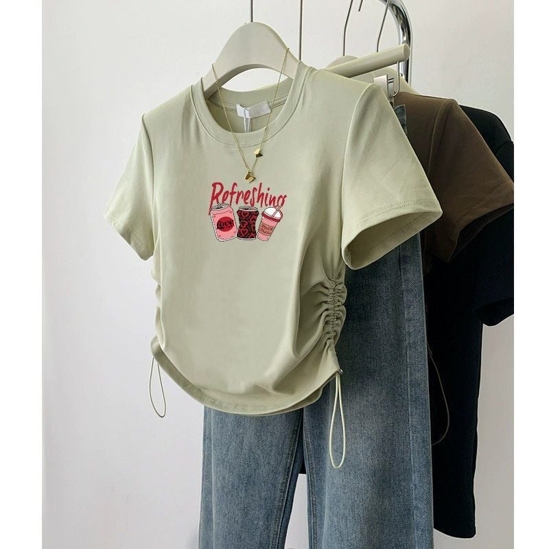 Shoulder Wearing With Drawstring Design Sense Short-Sleeved T-Shirt American-Style Slim-Fit Slim Top - Image 5