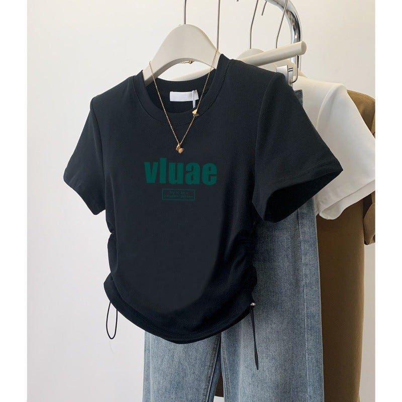 Shoulder Wearing With Drawstring Design Sense Short-Sleeved T-Shirt American-Style Slim-Fit Slim Top - Image 1