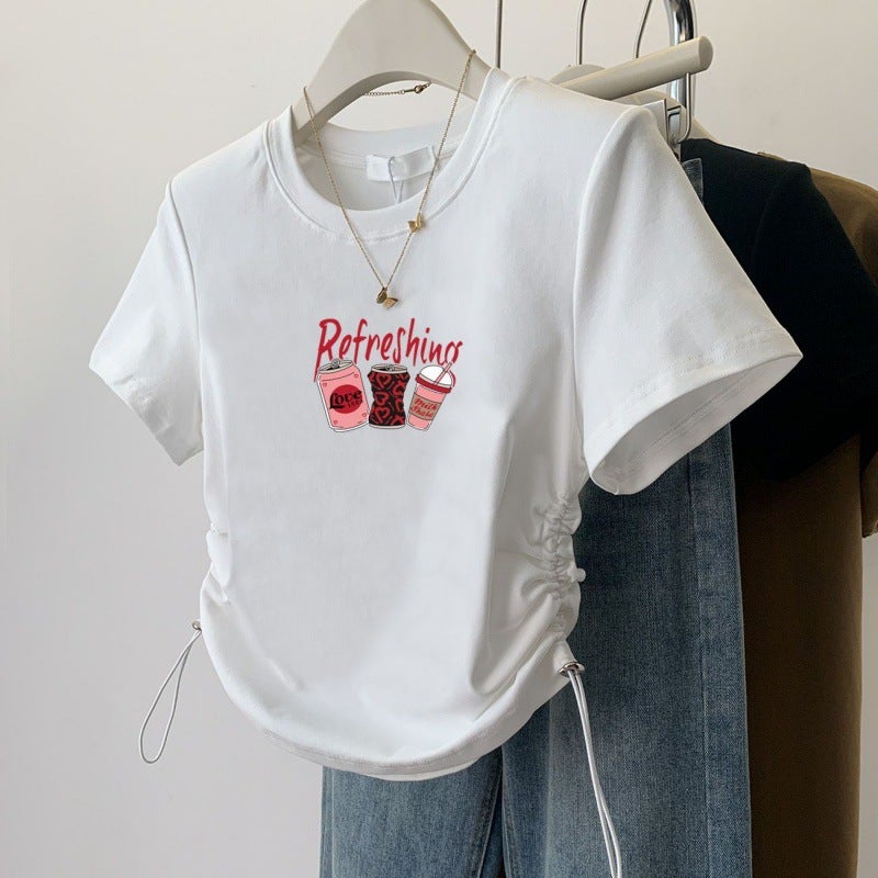 Shoulder Wearing With Drawstring Design Sense Short-Sleeved T-Shirt American-Style Slim-Fit Slim Top - Image 2
