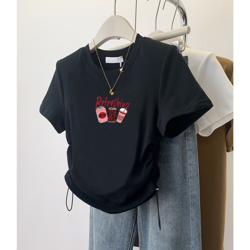 Shoulder Wearing With Drawstring Design Sense Short-Sleeved T-Shirt American-Style Slim-Fit Slim Top - Image 3