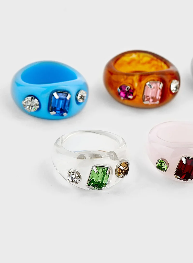 Ginger 6 Pack Of Bright Plastic Coloured Gem Stone Rings