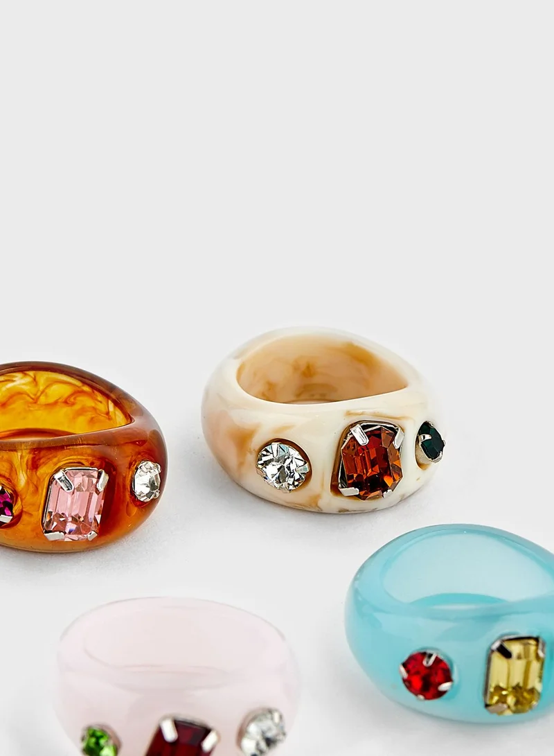 Ginger 6 Pack Of Bright Plastic Coloured Gem Stone Rings