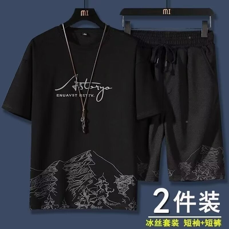 Summer casual sports suit mens summer 2024 new style with a set of mens shorts short sleeve t-shirt clothes Black