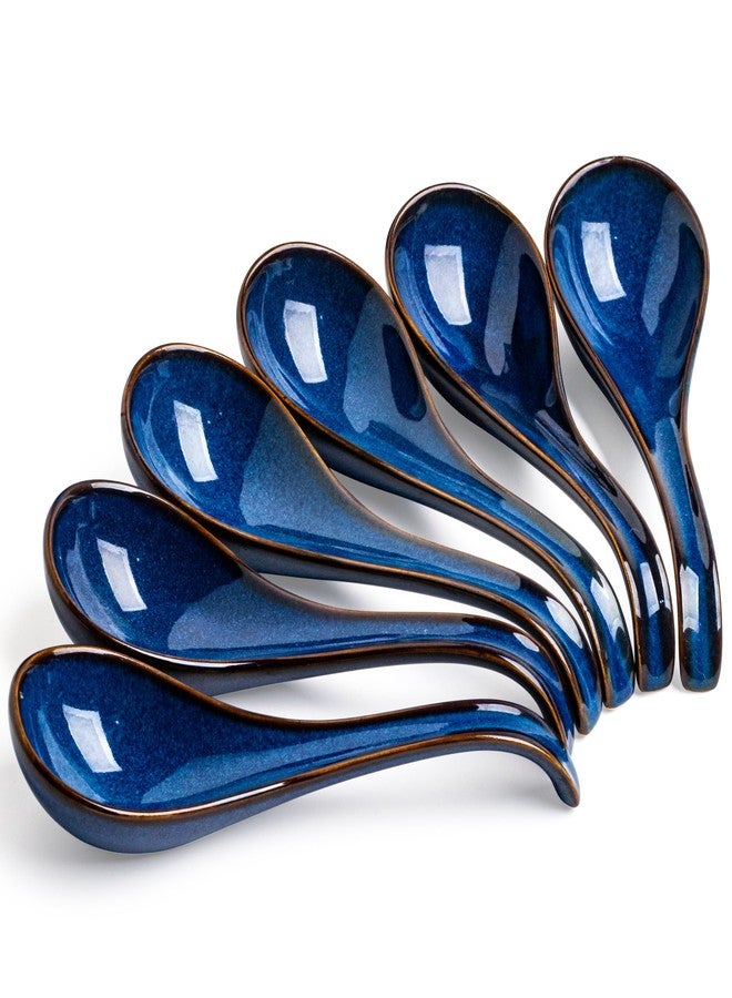 LYEOBOH Soup Spoons set of 6, Chinese Deep Soup Spoon - 6.5 inch Ceramic Korean Tablespoons for Ramen, Rice, Noodle, Asian Spoons with Deep Hook Design, Vintage Blue - Image 1