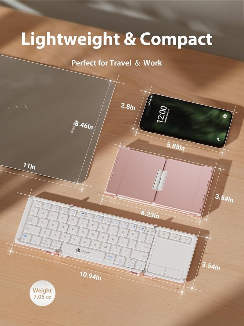 iClever Bluetooth Keyboard with Touchpad, Foldable Keyboard, Metal Body, Gesture Support, USB-C Charge, Pocket-Size Wireless for Travel, iPad, iPhone, Android, Windows, Pink White - Image 2