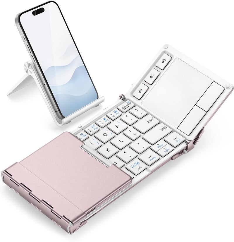 iClever Bluetooth Keyboard with Touchpad, Foldable Keyboard, Metal Body, Gesture Support, USB-C Charge, Pocket-Size Wireless for Travel, iPad, iPhone, Android, Windows, Pink White - Image 1