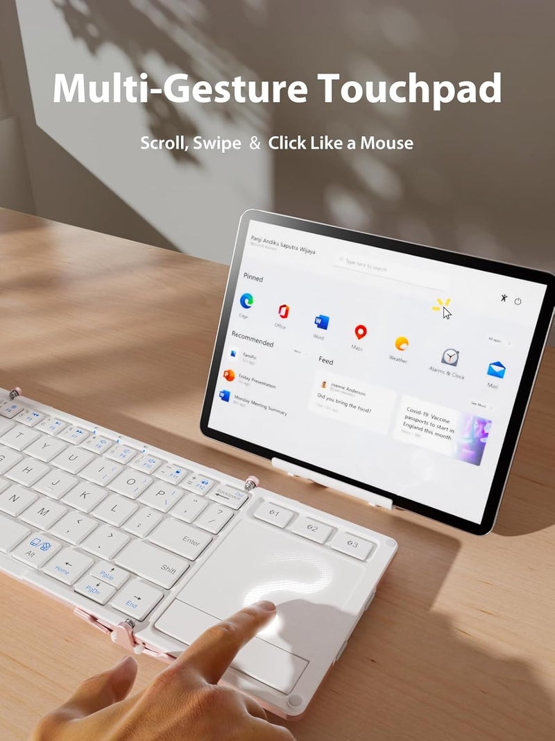 iClever Bluetooth Keyboard with Touchpad, Foldable Keyboard, Metal Body, Gesture Support, USB-C Charge, Pocket-Size Wireless for Travel, iPad, iPhone, Android, Windows, Pink White - Image 3