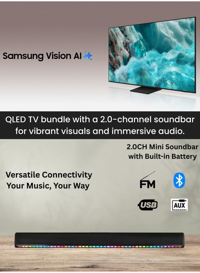 سامسونج تلفاز سامسونج الذكي QLED 4K بحجم 55 بوصة Q7F (طراز 2025) + مكبر صوت محمول بقناة 2.0 مع بطارية مدمجة وأضواء LED | تلفاز ذكي بنظام Tizen (طراز دولي) مع معالج Q4 AI، 50Hz، HDR10+، OTS Lite، Game Motion Plus، ALLM، HDMI x3، USB x1 - Image 4
