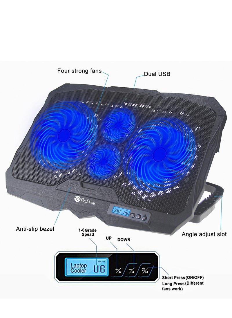 ProOne ProOne Laptop Cooling Pad, 4 Quiet Fans, Dual USB Ports, Adjustable Stand for 10-17 Inch Laptops, Notebooks, Ultrabooks - Gaming, Work, Home Office, Ergonomic Design, LED Light, Non-Slip Pad  - Image 1