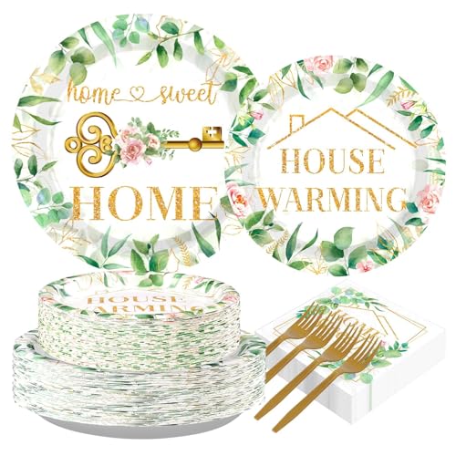 Grencian 200Pcs House Warming Party Decorations Housewarming Plates Disposable Home Sweet Home Plates Green Leaves Pink Floral Paper Tableware for New House Wedding Party Supplies Serves 50 - Image 1