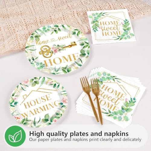 Grencian 200Pcs House Warming Party Decorations Housewarming Plates Disposable Home Sweet Home Plates Green Leaves Pink Floral Paper Tableware for New House Wedding Party Supplies Serves 50 - Image 5