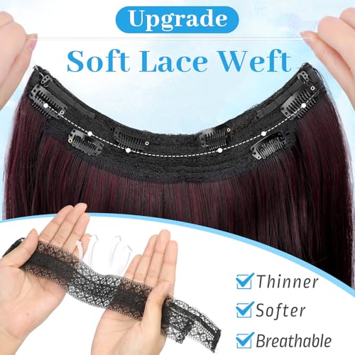 KooKaStyle Invisible Wire Hair Extensions Long Wavy Layered Synthetic Hair Extensions with Transparent Wire Adjustable Size 6 Secure Clips Ombre Burgundy mix Black Hairpieces for Women 20 Inch - Image 3
