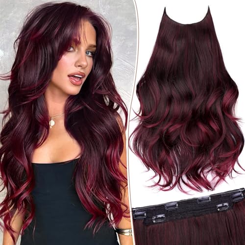 KooKaStyle Invisible Wire Hair Extensions Long Wavy Layered Synthetic Hair Extensions with Transparent Wire Adjustable Size 6 Secure Clips Ombre Burgundy mix Black Hairpieces for Women 20 Inch - Image 1